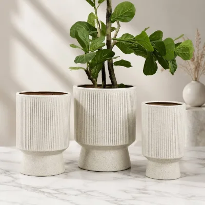 Global Source Carved Striped Smooth Glaze Succulent Planters Fine Clay Hand-painted Ceramic Flowerpots for Workspace