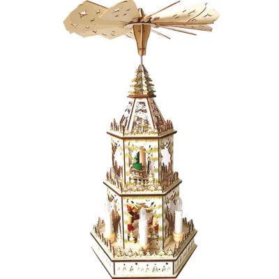 Wooden Christmas Pyramid Four Tier Carousel Hand-Painted Nativity Figurines Turning Wings with 6 Candleholders