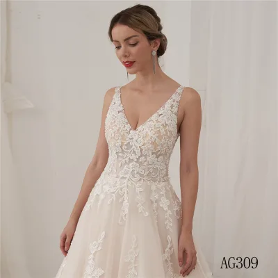 Chiffon Lace a Line Elegant Bridal Wedding Dress Princess Sexy Deep V Wedding Guest Dress With Beading