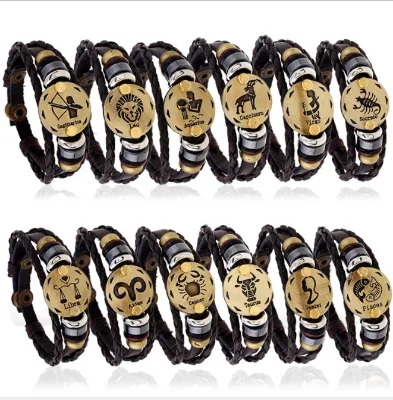 Hot Sale Zodiac Sign Leather Wristband Bracelet 12 Zodiac Sign Bracelet