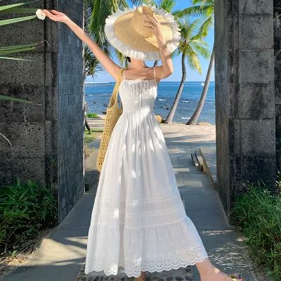 Custom French Retro White Beach Dress with Floral Pattern Eco-Friendly and Washable Midi Length Lace Edge Swing Dress for Women