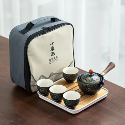 Porcelain Chinese Kung Fu Tea Set Portable Gift Bag Package Teapot Set with 360 Rotation Tea Maker and Infuser
