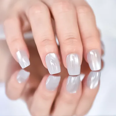 Press on Nails Square Short Length Beautiful Products Cateyes Design White Color 15sizes - 30pcs