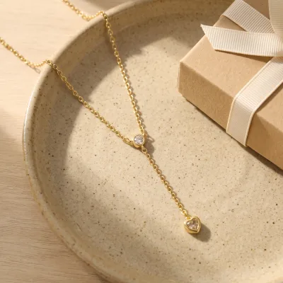 Y Shape Lariat Necklace Round and Heart Charms White Cubic Zirconia Gold Tone Dainty Heart Pendant Jewelry Gift for Her