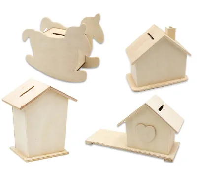 Wooden Piggy Bank Small House Small Wooden Horse Piggy Bank Children's Educational Handmade DIY Practical Decorative Ornaments