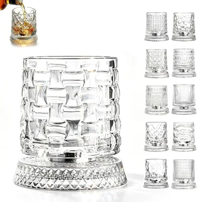 Custom Premium Luxury Crystal Rotating Whiskey Glasses Diamond Engraved Tumbler Spinning Whisky Glass