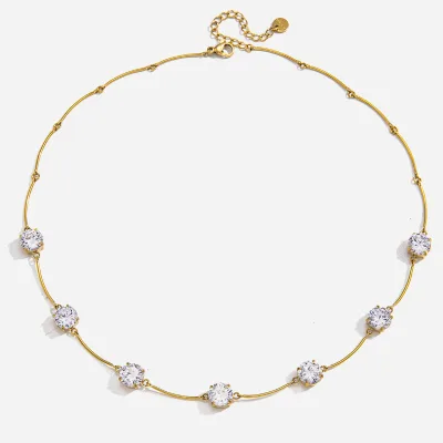 Fashion 18K Gold Plated PVD Stainless Steel Waterproof Classic Delicate Round Zircon Chain Necklace Jewelry for Women