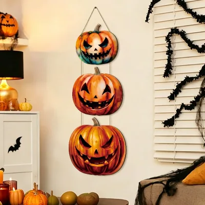 Wooden Halloween Pumpkin Ghost-face Indoor/outdoor Party Decor Door Hanging Customizable for Spooky Ambiance Wooden Door Sign