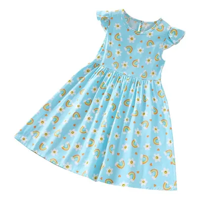 Custom Logo Little Girls All Over Rainbow Daisy Print Loungewear Dress Flutter Sleeve Back Button Kids Summer Nightgown