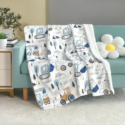 FY Skin-friendly Luxury Bedroom Excavator Teddy Bear Dinosaur Fish Sailboat Airplane Cartoon Digital Printing Flannel Blankets