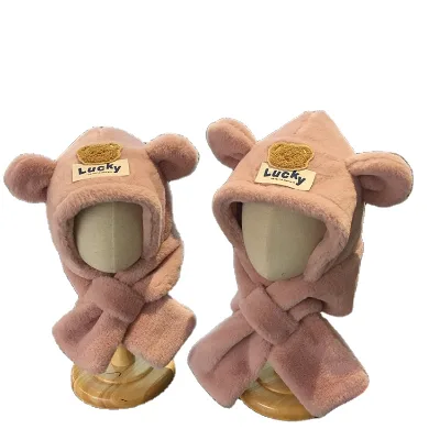 Teddy Bear Shaped Thickened Warm Plush Hat and Scarf for Kids Winter Windproof Ear Protection Thickened Plush Hat Scarf