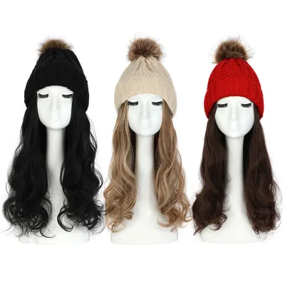 Winter Women Knitted Hat Long Wave Curly Hair Detachable Warm Wig Hat