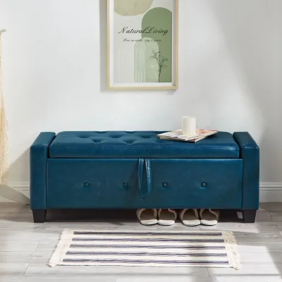 Antique Blue Faux Leather Wood Frame Storage Bench Ottoman with Flip Top Tufted End of Bed Bench for Bedroom Entryway Hallway