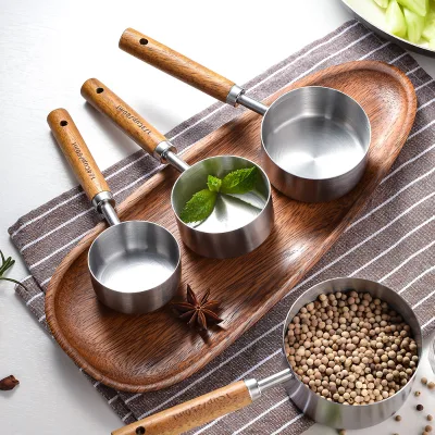 Measuring Set Gold Stainless Steel Measuring Cups and Spoons Set with Wood Handle for Measuring Baking