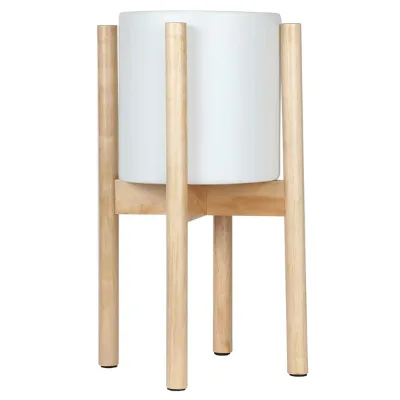 Tall Ceramic Planters Ceramic Planter Pot & Wood Stand Set for Plants, for Indoor Use - Matches Mid Century Modern Living Rooms