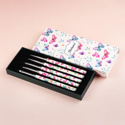 Customized logo 5pcs Butterfly Sequin Design Metal Handle Nylon Bristle Nail Art Brushes Set Fine Liner Brush for DIY Manicures