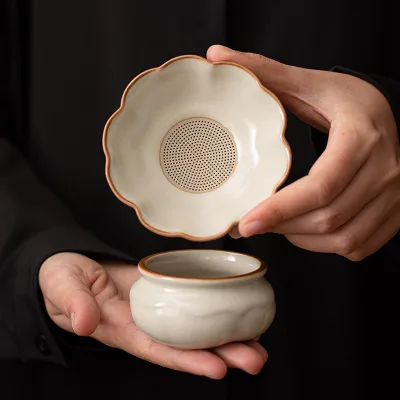 Ru Kiln Cream Yellow Ceramic Tea Strainer, Tea Filter, Kung Fu Tea Set Accessories, Household Tea Waste Bowl for Tea Making