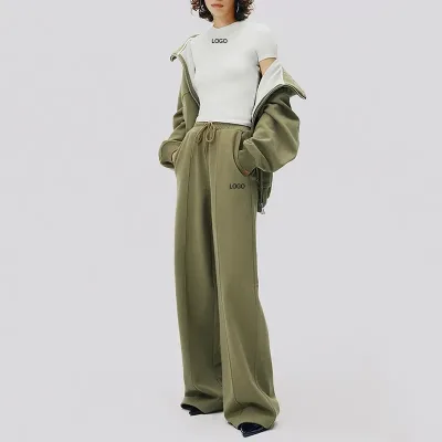 Custom Women Casual Lace Button Two Piece Fleece Zip Hoodie Oversize Loose Wide Leg Sweatpants Set