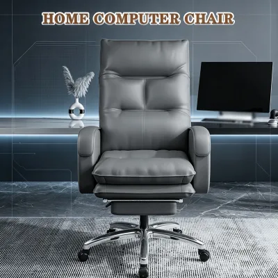 Reclining Leather Office Chair with Footrest 170 Degree Spring Seat 360 Swivel Thick Padded Backrest Custom Logo Grey