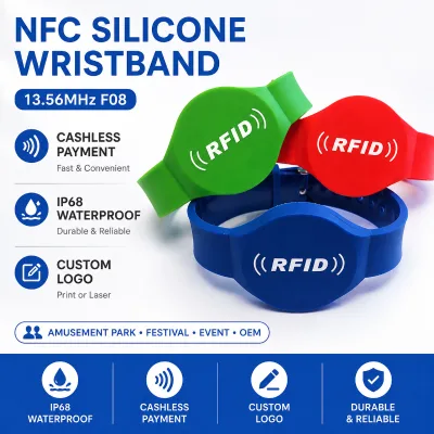 NFC Silicone Wristband 13.56MHz F08 Cashless Payment IP68 Waterproof Bracelet Custom Logo for Amusement Park Festival Event OEM