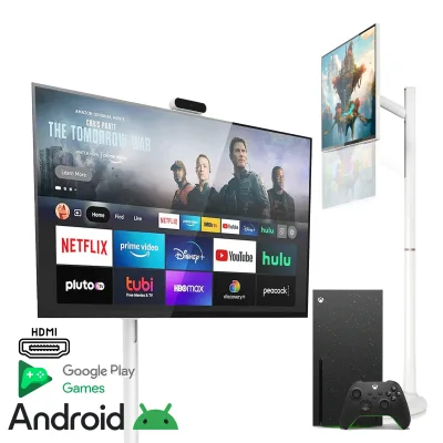 32-Inch HD Smart LED TV with Voice Control Child Lock Rotating Camera for Living Room Entertainment White Cabinet