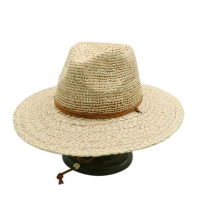 High Quality Handmade Raffia Weaving Fedora Hat Crochet Beach Sun Hat Leather Belt for Unisex