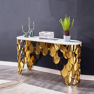 Modern Italy Design Home Hallway Table with Marble and Gold Stainless Steel Mirror Console Table Golden