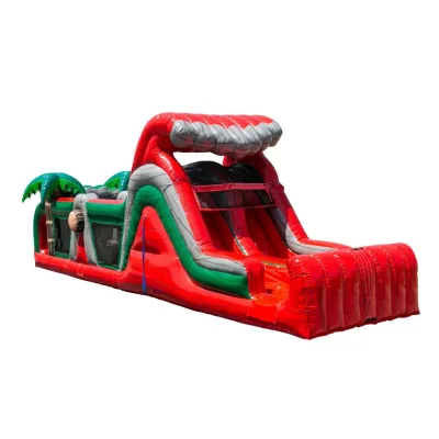 Red Tropical Palm Tree Inflatable Obstacle Course with Slide Commercial Grade PVC Bouncy Jumper for Kids Outdoor Party Rental