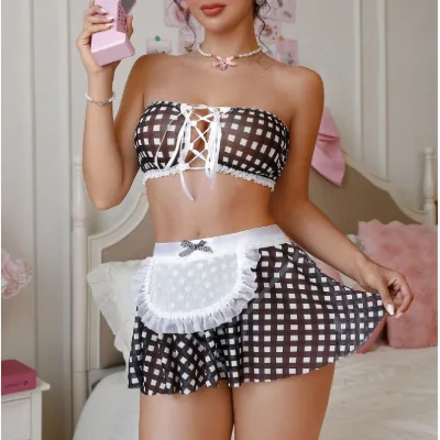 New Sexy Transparent Lace Polka Dot Cute Maid Role-Playing Lingerie Set ODM Factory Wholesale