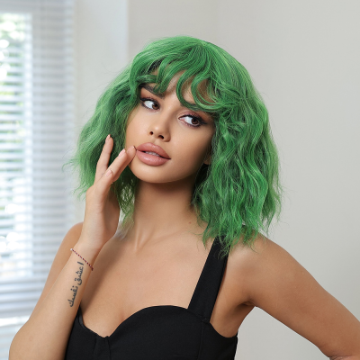 Green Short Curly Hair Small Curl Bangs Women's Full Lace Wig for All Colors Internet Celebrity Women's Wig