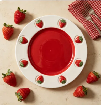 ODM&OEM 3D Embossed Strawberry Ceramic Plate Custom Logo Fruit Dessert Serving Plate Home Breakfast Decor Dinner Plate