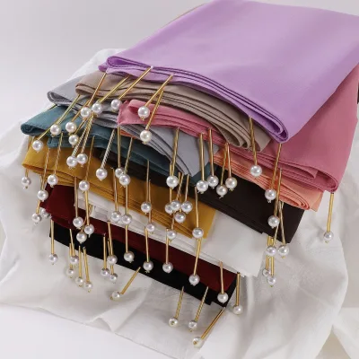 Handmade Brass Pearl Chiffon Scarf Muslim Girl Cotton Hijab Women Uae Indian Red Scarf Shawl Custom logo rainbow Fabric Luxury
