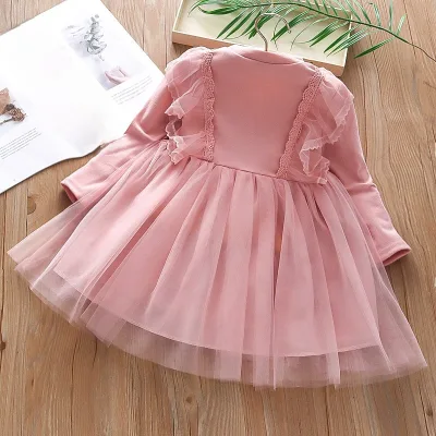 Girls' New Casual Western Style Long Sleeve Princess Dress with Puffy Vessel Skirt O-Neck for Summer