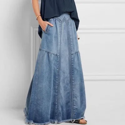 Vintage High Waisted Washed Long Denim Skirt with Side Hand Pockets Loose Fit A-Line Panel Design for Women Casual Streetwear