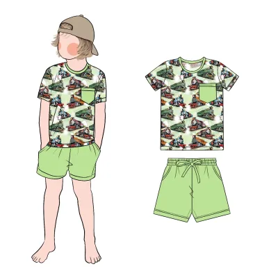 Boys Vintage Steam Train Full Print Short Sleeve T Shirt Solid Light Green Drawstring Shorts Summer Pajama Loungewear Set