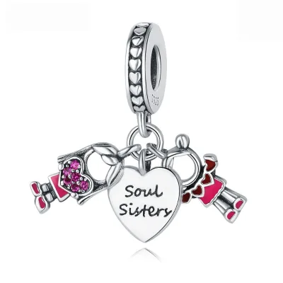 Customizable Oem Odm Fashion Jewelry Making 925 Sterling Silver Zirconia Soul Sister Girl Love Heart Pendant for Bracelet DIY