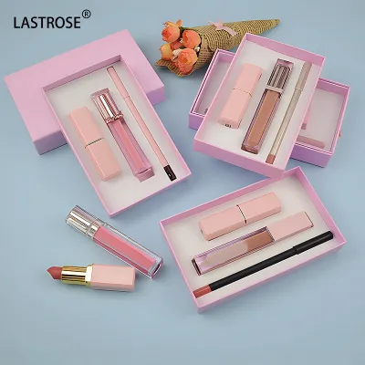 pink 3-in-1 Lip Set with Lipstick and Glossy Pencil Lip Liner Matte Shiny Lip Glossy Kit