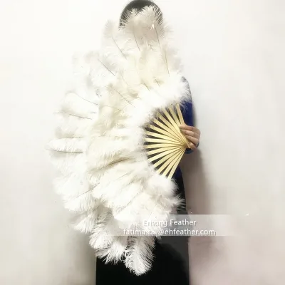 Largest Size Factory Price Cheap Double Layer White  Ostrich Feather Hand Fan