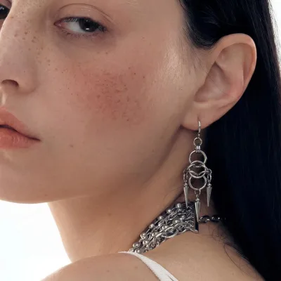 Punk Jewelry Silver Rivet Chainmail Knot Hoop Earrings Stainless Steel Piercing Y2K Earrings Gothic Accessories Rock Jewelry
