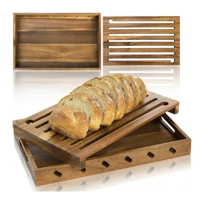 Large Acacia Wood Serving Tray with Handles Food Drink Lightweight Elegant Home Kitchen Accessory Premium Natural Wooden Tray