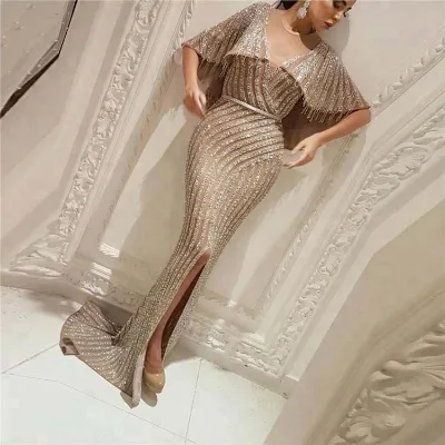 Beijing High Quality Real Cape Gold Sexy Evening Dress