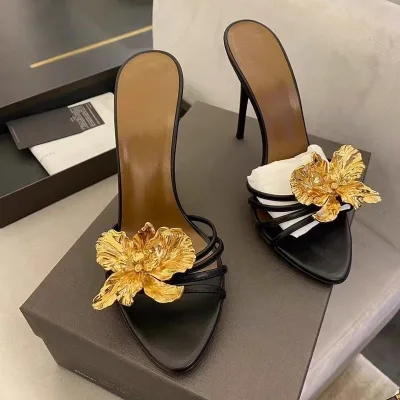 Metal Flower Sandals, Stiletto Heels, Black Sandals, Open-toe Slippers, Women's Summer New Style