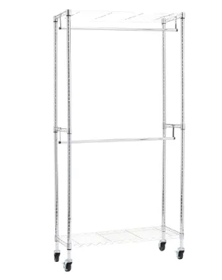 Adjustable Rolling Clothes Rack with Double Hanging Rods and Bottom Storage Shelf for Portable Garment Closet Organization