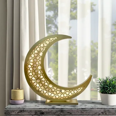 100cm Moon Star Wood LED Lights Ramadan Outdoor Decoration Ramadan Supplies Giant Led Gold Crescent Moon Wooden Stand