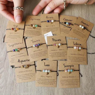 Handmade Bohemian Style Customize Stone Beaded Bracelet Natural Stone Round Beaded 12 Signs Zodiac Woven Rope Bracelet Gift