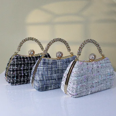 Vintage Plaid Tweed Evening Handbag Rhinestone Decor Handle Pearl Lock Clutch Detachable Chain Women Wedding Party Purse