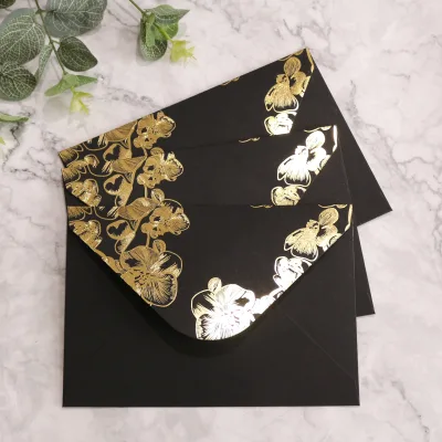 High Quantity Business Wallet Envelopes Black Flower Gold Foiling Envelope