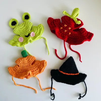 Crochet Cat Hat Knitted Topi Braid Bucket Hat with Ear Holes Hand Knitted Dog Pet Hut Crochet Headdress Disguise Halloween Cap