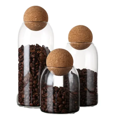 High Borosilicate Glass Storage Jars with Lid Round Cork Ball Stopper Coffee Bean Storage Container