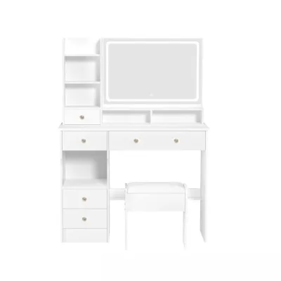 Contemporary Bedroom Dressing Table with Wood Upholstered Stool Oversized Right Sliding Mirror Multi-layer Large Storage